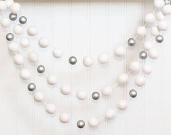 Felt Ball Garland with Silver Beads, Pom Pom Garland, Christmas Party Decor, White & Silver, Winter Decor, Christmas Garland