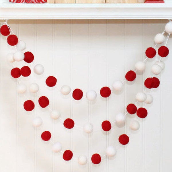 Felt Ball Garland Christmas, Christmas Pom Pom Garland, Christmas Decor, Red and White, Christmas Tree Decoration, Candy Cane Decoration