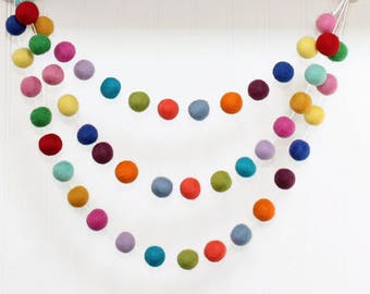 Rainbow Christmas Felt Ball Garland, Pom Pom Garland, Nursery Decor, Bunting Banner, Party Decor, Holiday, Christmas, Winter Decor