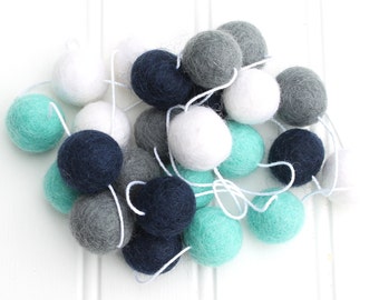 Navy and Turquoise  Felt Ball Garland, Pom Pom Garland, Nursery Decor, Bunting Banner, Party Decor, Holiday, Boy's Room Decor