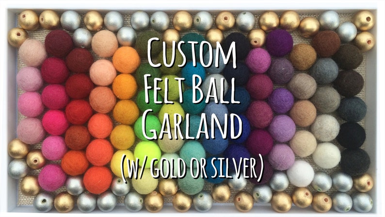 Custom FELT BALL GARLAND with Metallic Gold and Silver Beads, Pom Pom Garland, Wool Felt Balls, Nursery Decor, Birthday Party Decor, Bunting image 1
