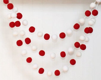 FELT BALL GARLAND Valentine's Day, Pom Pom Garland, Felt Balls, Red and White Garland, Bunting Banner, Valentines Decor, Wool Felt Balls