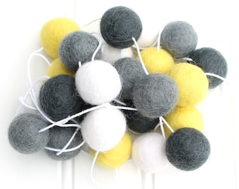 Gender Neutral Pom Pom Garland, Felt Ball Garland, Yellow White and Grey, Nursery Decor, Felt Ball Bunting, Baby shower Decor, Felt Pom Poms