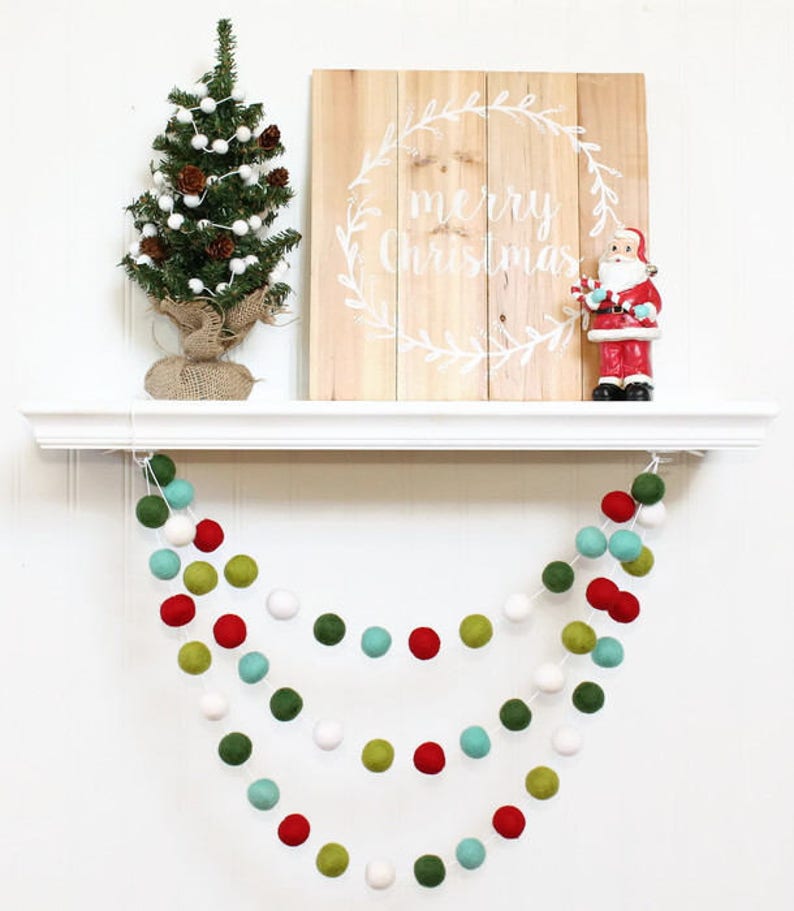 Retro Christmas Felt Ball Garland, Pom Pom Garland, Nursery Decor, Bunting Banner, Party Decor, Holiday, Christmas image 1