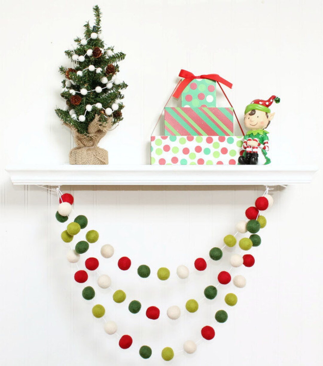 Farmhouse Christmas Pom Pom Garland, Red and Green Rustic Wood