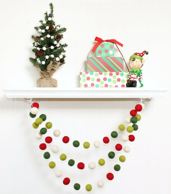 Red, White, Green Yarn Pom Pom Garland, Christmas