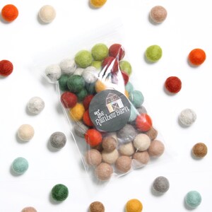 May include: A clear plastic bag filled with a variety of colorful felt balls. The felt balls are in shades of red, orange, yellow, green, blue, and brown. The bag has a black and white sticker on it that says "The Rainbow Barn".