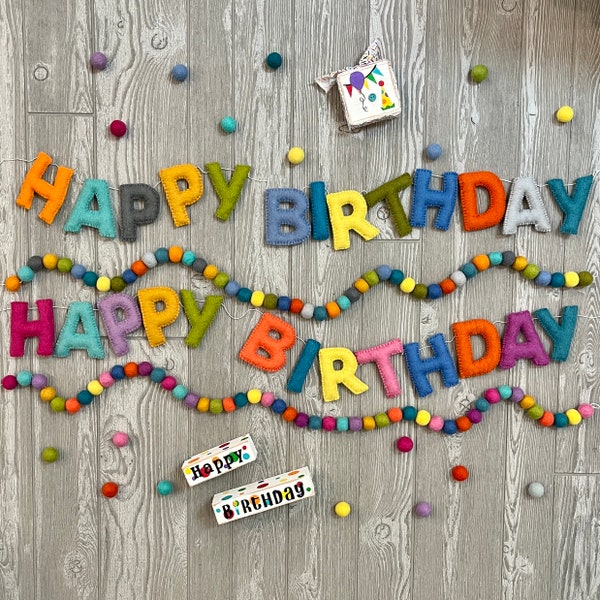 Happy Birthday Felt Ball Garland, Pom Pom Garland, Bunting Banner, Party Decor, Holiday, Birthday, Party Decor, Nursery Decor