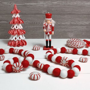 Peppermint Candy Cane Felt Ball Garland, Christmas Pom Pom Garland, Winter Decor, Felt Balls, Party Decor, Eclectic  Decor, Peppermint Felt