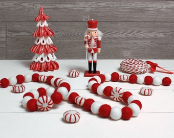 Peppermint Candy Cane Felt Ball Garland, Christmas Pom Pom Garland, Winter Decor, Felt Balls, Party Decor, Eclectic  Decor, Peppermint Felt