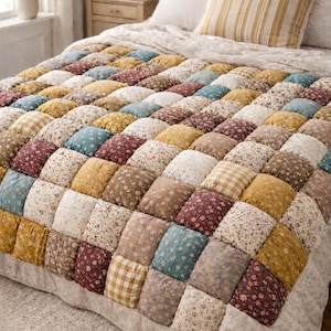 Peut inclure: Une courtepointe patchwork avec des carrés aux motifs variés dans les tons de jaune, bleu, bordeaux et crème. La courtepointe est posée sur un lit avec des oreillers et un jupon de lit de couleur neutre. Le motif comprend des motifs floraux, vichy et unis.