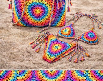 Drei Stück Handarbeit gehäkelt. Jede Farbe oder Regenbogen Oma Square Long Beach Cardigan Besch Bag und Bikini passen auch alle zusammen. Nur Muster.