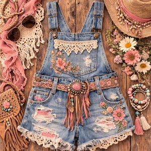 Puede incluir: Mono vaquero desgastado con bordados florales, ribete de encaje y cinturón decorativo con una gran piedra rosa. Accesorios: sombrero de paja, gafas de sol y bolso con flecos, todo en estilo bohemio. La paleta de colores es azul vaquero, rosa y crema.
