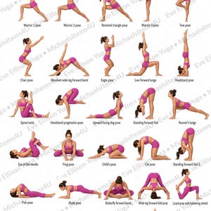 Peut inclure: Un tableau intitulé Yoga Poses with Eve Ellison présentant vingt-cinq illustrations d'une personne en tenue de sport magenta effectuant diverses postures de yoga, dont Warrior 1, Tree, Headstand, Spinal twist et Child's pose, avec des étiquettes.