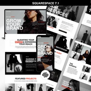 May include: A Squarespace 7.1 website template design displayed on a laptop screen and a smartphone, featuring a black, white, and red color scheme with bold typography, professional photography, and sections titled Our Services, Mentorship, and Featured Projects.