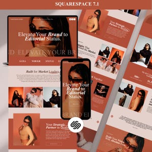 May include: A digital display of a Squarespace 7.1 website template featuring a laptop and smartphone screen. The design uses a terracotta color palette with multiple photographs of a person wearing sunglasses and text including Elevate Your Brand.
