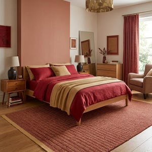 May include: A bedroom featuring a wooden bed frame with deep red bedding and a tan throw blanket. The room includes a matching red rug, two wooden nightstands with dark lamps, a wooden dresser, a tall mirror, and a gold honeycomb pendant light.