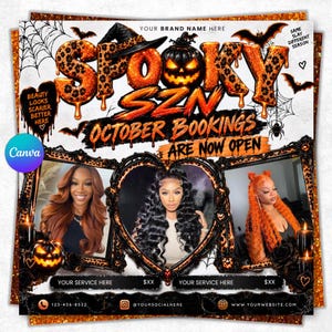 May include: A Halloween-themed promotional flyer featuring the text SPOOKY SZN OCTOBER BOOKINGS ARE NOW OPEN, with three circular photo frames displaying individuals with different hairstyles, surrounded by pumpkins, bats, and spiderwebs.