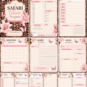 May include: A Safari Glam planner set featuring a leopard print background with pink lily flowers and butterflies. The pages include daily, weekly, and monthly planners, a habit tracker, goal planner, meal planner, budget, self-care, and password trackers.
