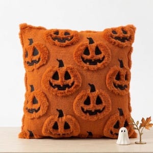 Halloween Pillow Cover, Tufted Jack O Lantern Pumpkin Cushion, Boho Fall Throw Pillow Case, White Black Orange Halloween Decor