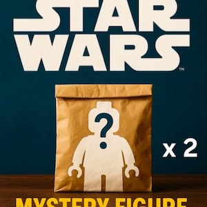 May include: A brown paper bag featuring a white silhouette of a minifigure with a question mark on its chest. The text STAR WARS appears in white above the bag, while the text MYSTERY FIGURE is printed in yellow below. The symbol x 2 is on the right.