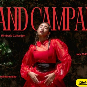 May include: A red long-sleeved dress with sheer puffed sleeves and a black waist belt. The image features the text BRAND CAMPAIGN, Rimberio Collection, July 2040, @reallygreatsite, and a yellow button with the text Click Here to Customize!