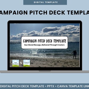 Peut inclure: Un modèle de présentation de campagne numérique affiché sur un écran d'ordinateur portable. La diapositive montre une plage avec des nuages, le texte CAMPAIGN PITCH DECK TEMPLATE et Your Brand Message, Delivered Through Creators, et deux espaces réservés.