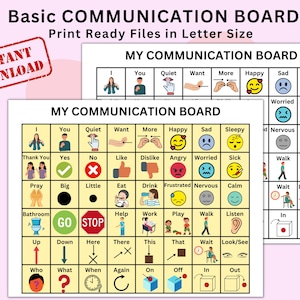 Op de afbeelding: Een basis communicatiebord met een raster van iconen en tekstlabels waaronder woorden als I, You, Quiet, Want, More, Happy, Sad en Sleepy. Het bord bevat kleurrijke illustraties, symbolen en tekens om te helpen bij de communicatie.