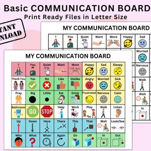 Puede incluir: Un tablero de comunicación básico con archivos listos para imprimir en tamaño carta. La cuadrícula presenta cuadrados coloridos con iconos, etiquetas de texto y símbolos para palabras como I, You, Quiet, Want, More, Happy, Sad, Sleepy, Thank You, Yes, No, Like, Dislike, Angry, Worried, Sick, Pray, Big, Little, Eat, Drink, Frustrated, Nervous, Calm, Bathroom, Help, Work, Play, Walk, Listen, Up, Down, Here, There, This, That, Wait, Look/See, Who, What, When, Again, On, Off, In y Out.