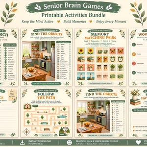 Puede incluir: Un paquete de actividades imprimibles titulado Senior Brain Games que incluye ocho páginas de ejercicios cognitivos como sopas de letras, juegos de memoria, categorías de palabras, carreras de palabras A-Z, laberintos y recuerdos con una paleta de colores verde y crema.