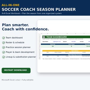 9v9 Soccer Coach Season Planner Excel Template | Team Roster, Practice, Lineup, Subs & Player Development Workbook