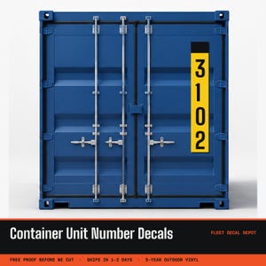 May include: A blue shipping container featuring vertical metal locking bars and a yellow rectangular decal on the right side. The decal displays the black vertical text 3102 with a black square at the top, applied to the corrugated metal surface.