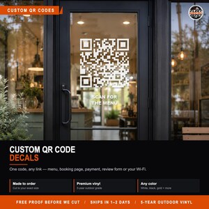 Puede incluir: Una calcomanía de código QR de vinilo blanco aplicada a una puerta de vidrio, con el texto SCAN FOR THE MENU colocado directamente debajo del código. El diseño es un gráfico cuadrado de alto contraste para exhibir en ventanas o puertas.