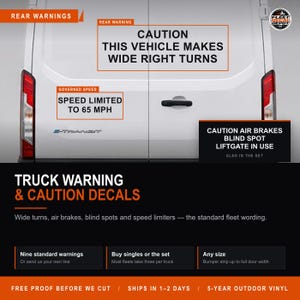 May include: A set of white vinyl truck warning decals applied to the rear doors of a white van. The decals feature black text including CAUTION THIS VEHICLE MAKES WIDE RIGHT TURNS, SPEED LIMITED TO 65 MPH, and CAUTION AIR BRAKES BLIND SPOT LIFTGATE IN USE.