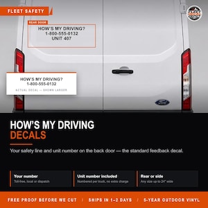 May include: A white vinyl decal for a vehicle rear door featuring the black text HOW'S MY DRIVING?, the phone number 1-800-555-0132, and the text UNIT 407. The decal is displayed on the back of a white van with red taillights and a Ford logo.