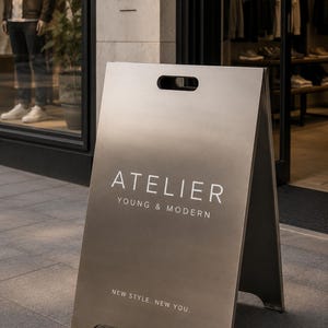 May include: A metallic A-frame sidewalk sign with a handle cutout at the top. The sign features the white text ATELIER YOUNG & MODERN in the center and the text NEW STYLE. NEW YOU. at the bottom. The sign has a smooth, brushed finish.