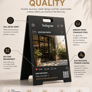 Peut inclure: Un panneau de trottoir en métal noir en forme de A présentant une interface personnalisable de style Instagram avec un panneau central en acier inoxydable à finition miroir. Il inclut des champs pour un nom d'utilisateur et un QR code.
