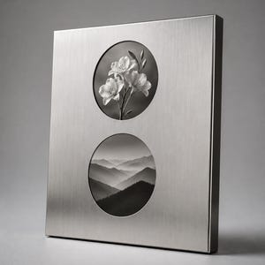 May include: A rectangular brushed metal picture frame featuring two circular cutouts. The top circle displays a black and white photograph of a flower cluster, while the bottom circle shows a black and white landscape of layered mountain ridges.