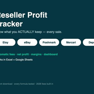 Reseller Profit Tracker Spreadsheet, Poshmark eBay Mercari Depop Fee Calculator, Excel and Google Sheets image 1