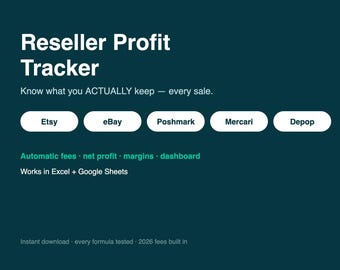 Foglio di calcolo per il monitoraggio dei profitti dei rivenditori, calcolatore delle commissioni di Poshmark, eBay, Mercari e Depop, compatibile con Excel e Fogli Google.