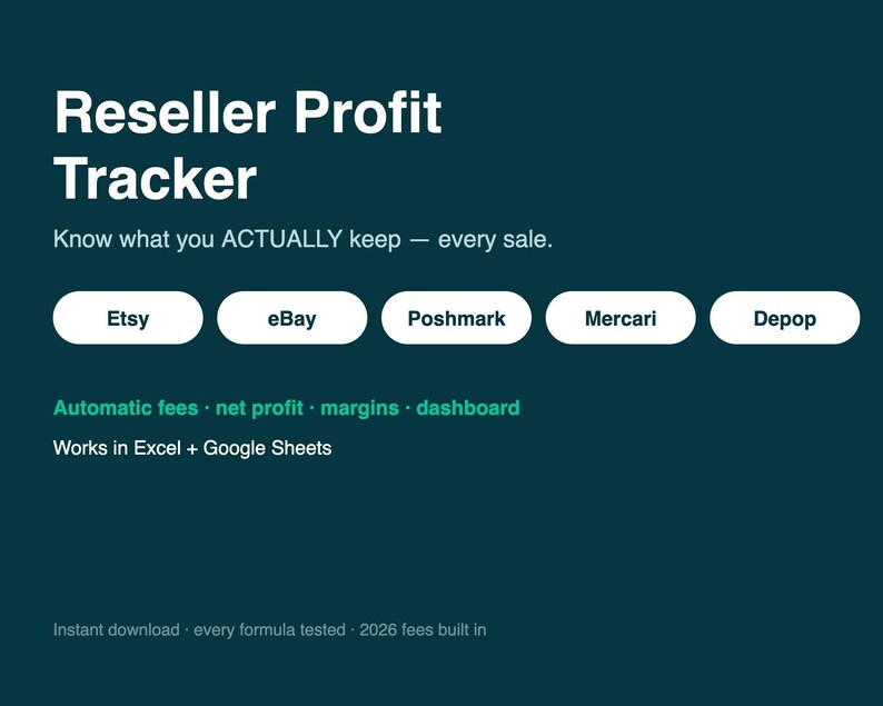 Reseller Profit Tracker Spreadsheet, Poshmark eBay Mercari Depop Fee Calculator, Excel and Google Sheets image 1