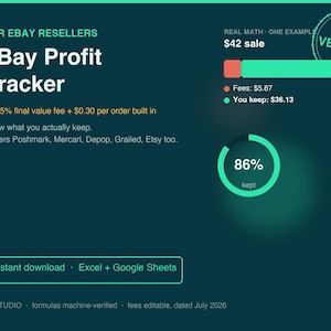 eBay-kostenberekening en winsttracker in een spreadsheet, verkooplogboek en voorraadtracker voor verkopers, beschikbaar in Excel en Google Sheets. afbeelding 1