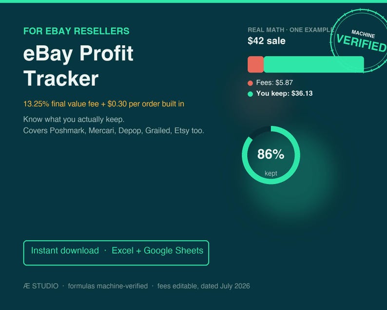 eBay-kostenberekening en winsttracker in een spreadsheet, verkooplogboek en voorraadtracker voor verkopers, beschikbaar in Excel en Google Sheets. afbeelding 1