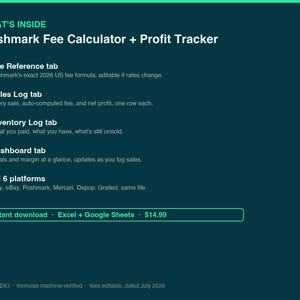 Pu&ograve; includere: Un'interfaccia di foglio di calcolo Poshmark Fee Calculator + Profit Tracker su sfondo verde acqua scuro. Elenca funzionalit&agrave; tra cui una scheda di riferimento delle commissioni, registro vendite, registro inventario, dashboard e supporto per sei piattaforme: Etsy, eBay, Poshmark, Mercari, Depop e Grailed. Compatibile con Excel e Google Sheets.