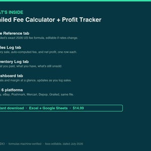 Grailed Fee Calculator and Profit Tracker Spreadsheet, Seller Sales Log and Inventory Tracker, Excel and Google Sheets image 2