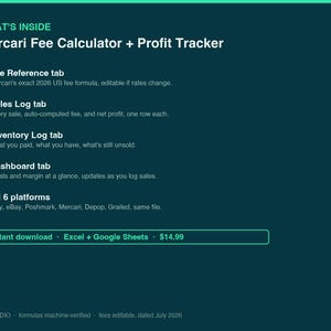 Mercari Fee Calculator and Profit Tracker Spreadsheet, Seller Sales Log and Inventory Tracker, Excel and Google Sheets image 2