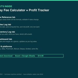 eBay-kostenberekening en winsttracker in een spreadsheet, verkooplogboek en voorraadtracker voor verkopers, beschikbaar in Excel en Google Sheets. afbeelding 2