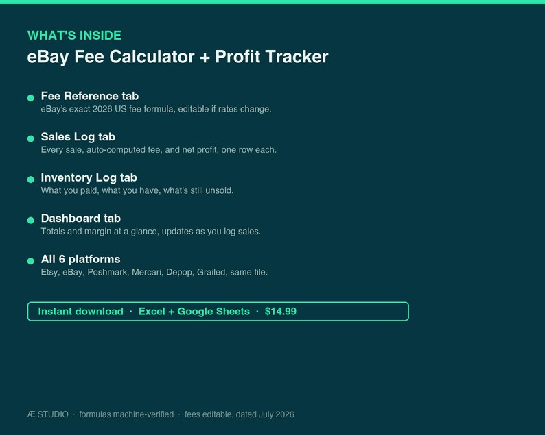 eBay-kostenberekening en winsttracker in een spreadsheet, verkooplogboek en voorraadtracker voor verkopers, beschikbaar in Excel en Google Sheets. afbeelding 2
