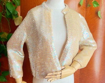 AURORA BOREALIS 1950’s 50s 1960’s 60s Retro Vintage Hand Knit Knitted Cream Wool Faceted Sequined Holiday Christmas Cardigan Sweater L Xl