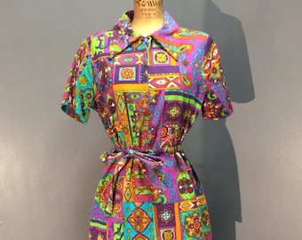 HAWAIIAN COUTURE 1960's Vintage 1960s Orange Purple GOGO Psychedelic Tiki Luau Zippered Mod Geometric Barkcloth Blouse Top w/ Tie Belt M L